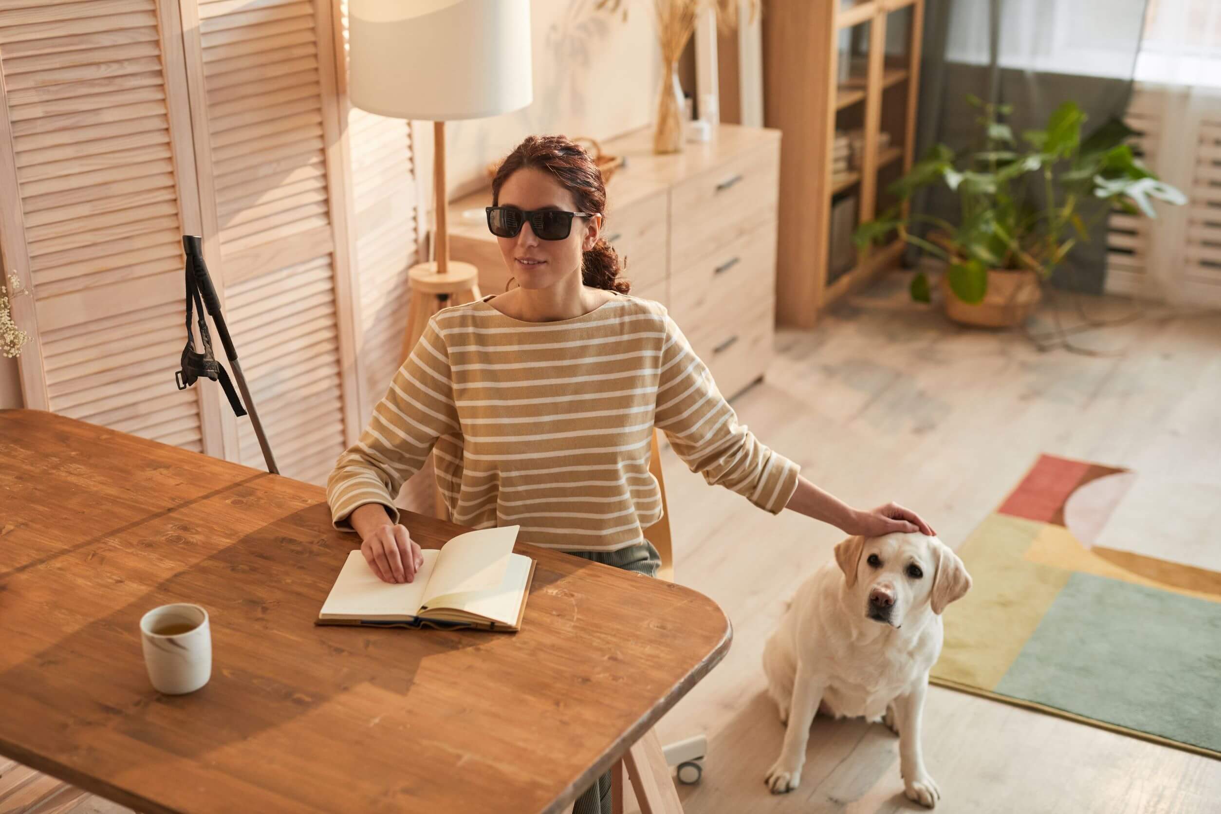 ‘decorative’ Portrait of Vision Loss woman at home with a guide dog